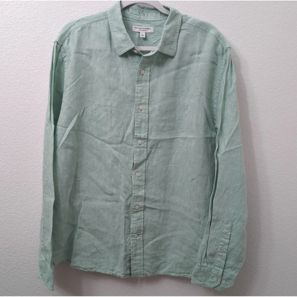 Banana Republic Mens XL 100% Linen Button Up Long Sleeve Mint Preppy Resort